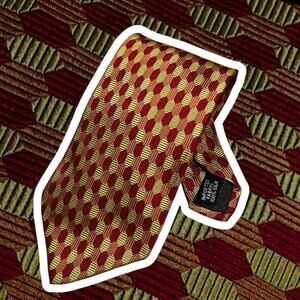 Oscar de la Renta Silk Tie Red Gold Geometric Hexagon Necktie Bold Print USA